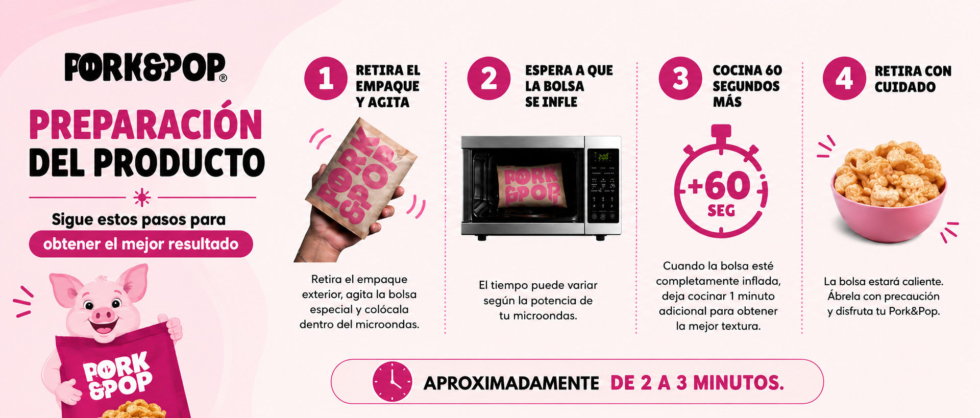Preparación del producto Pork&Pop: 4 pasos en el microondas